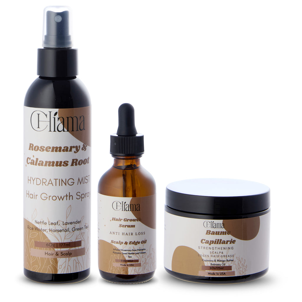 Liama hair care products including Rosemary & Calamus Root hydrating mist, hair growth serum, and strengthening scalp grease