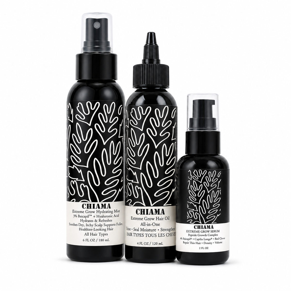 Chiama Extreme Grow 3-Step Scalp & Edge Hair System | Hydrating Mist + Growth Serum + Hair Oil