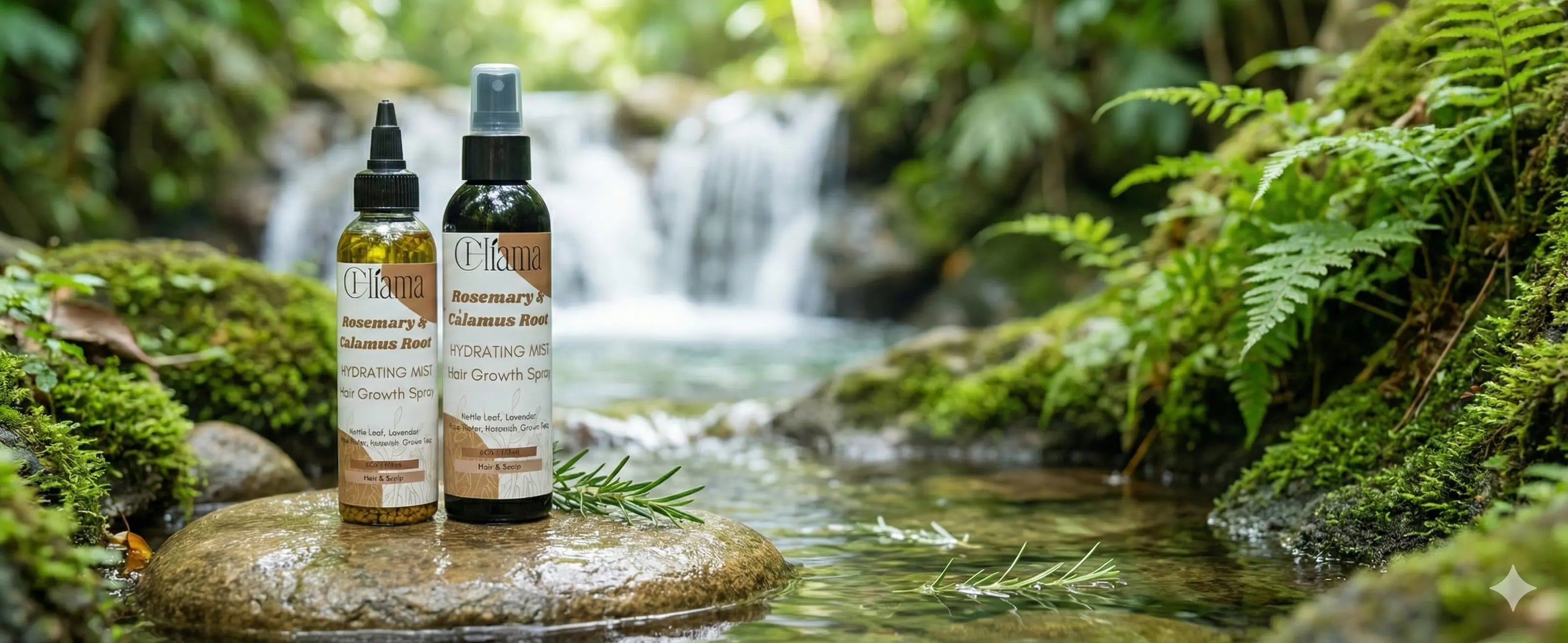Nature scene with flowing water and green ferns surrounding natural hair treatments for hydration and health.