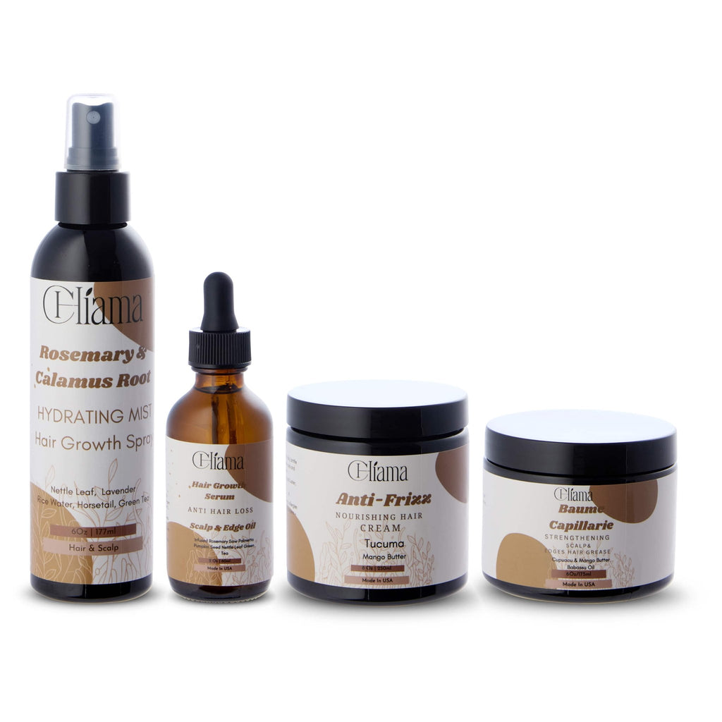 Eliama hair care set with hydrating mist, hair growth serum, anti-frizz cream, and strengthening baume