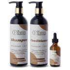 Eliana Rosemary + Rice shampoo, conditioner, and hair growth serum bottles with black pumps and dropper
