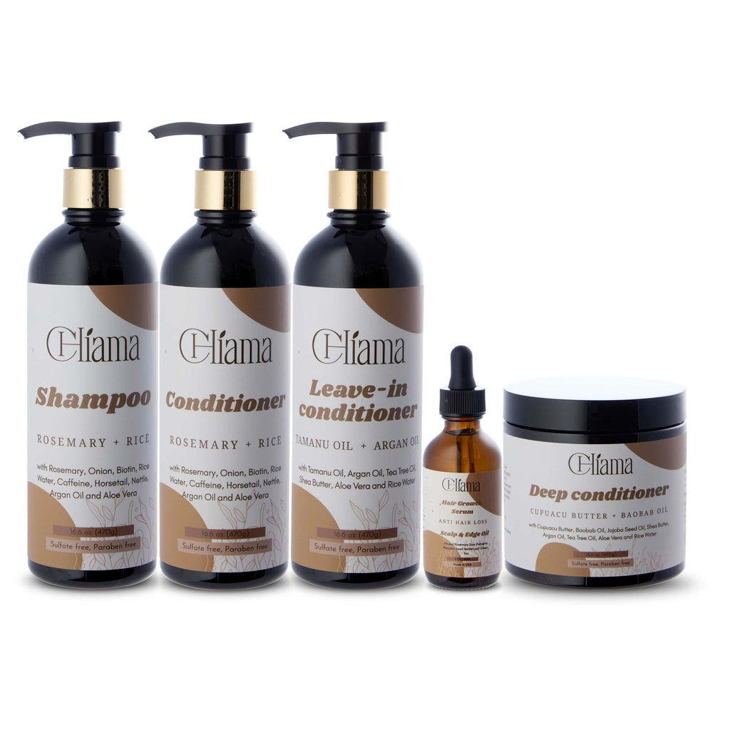 Eliama hair care set with shampoo, conditioner, leave-in conditioner, hair growth serum, and deep conditioner