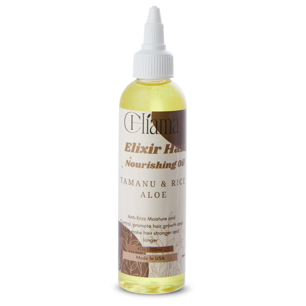Clíama Elixir Hair Nourishing Oil with Tamanu, Rice & Aloe in transparent bottle