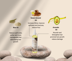 Elixir Hair Nourishing Oil with Rice Oil, Sweet Almond Oil, and Avocado Oil benefits on beige background with stones
