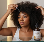 Woman applying hair growth serum oil to her scalp with curly afro hair and product bottle visible