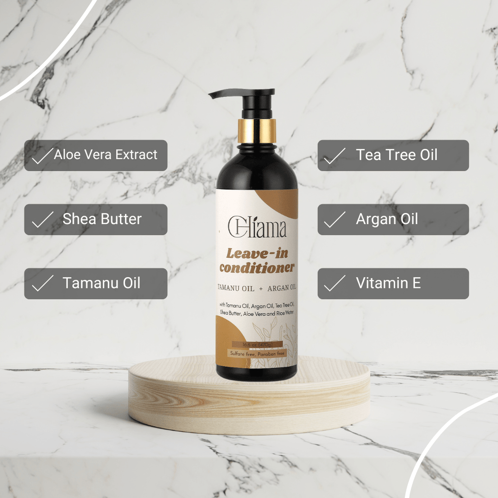Eliana leave-in conditioner bottle on wooden pedestal with ingredients listed: aloe vera, shea butter, tamanu oil, tea tree oil, argan oil, vitamin E