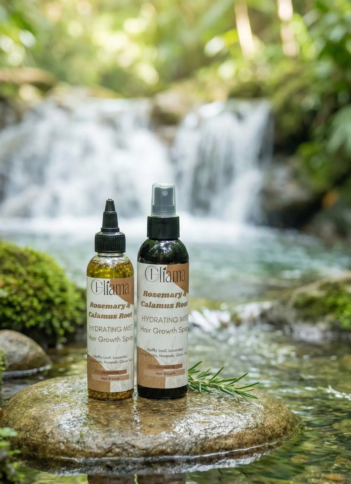 Chiama Organics hair growth mist in a lush forest setting, a top choice for products for natural hair growth.