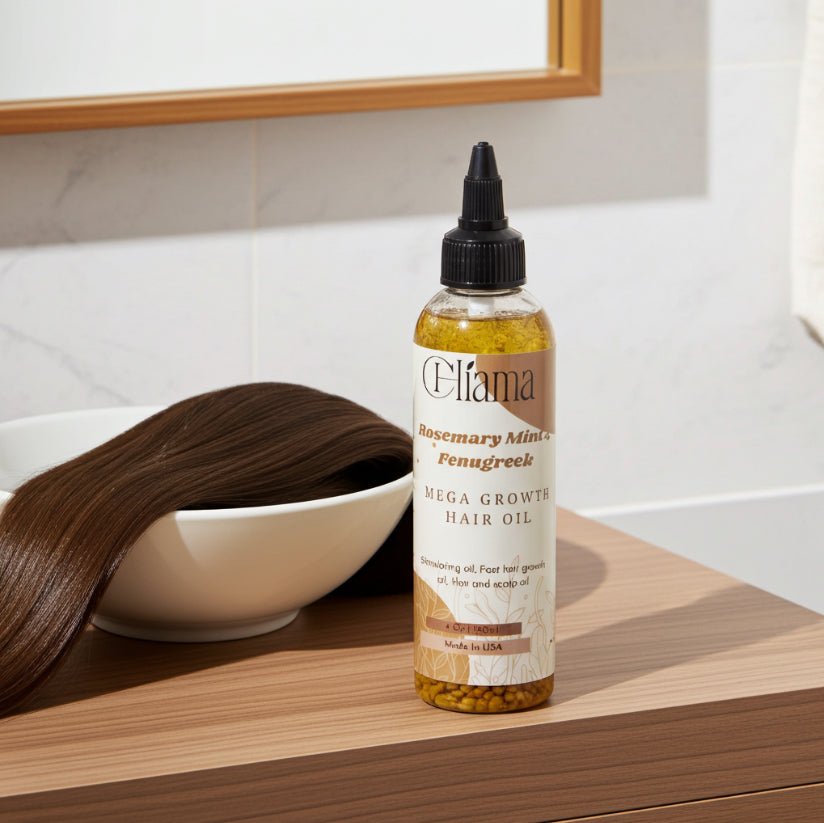 Elama Rosemary Mint Fenugreek Mega Growth Hair Oil bottle on wooden surface with a white bowl holding smooth brown hair