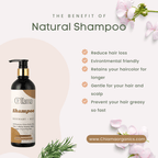 A bottle of Cliama rosemary and rice natural shampoo with benefits listed including reduce hair loss and environmentally friendly