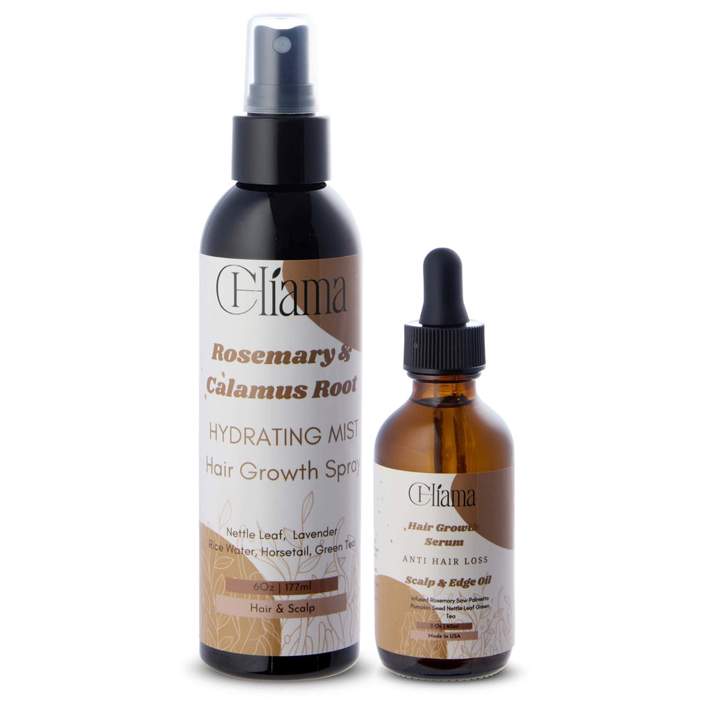 Cliama Rosemary & Calamus Root hydrating mist and hair growth serum bottles for scalp and hair care