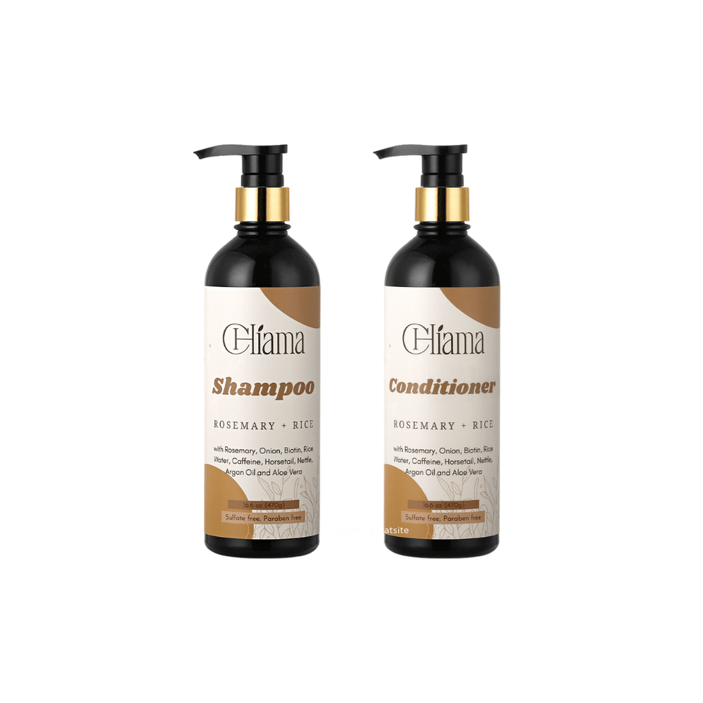 Cliama shampoo and conditioner bottles with rosemary and rice, sulfate-free and paraben-free formula