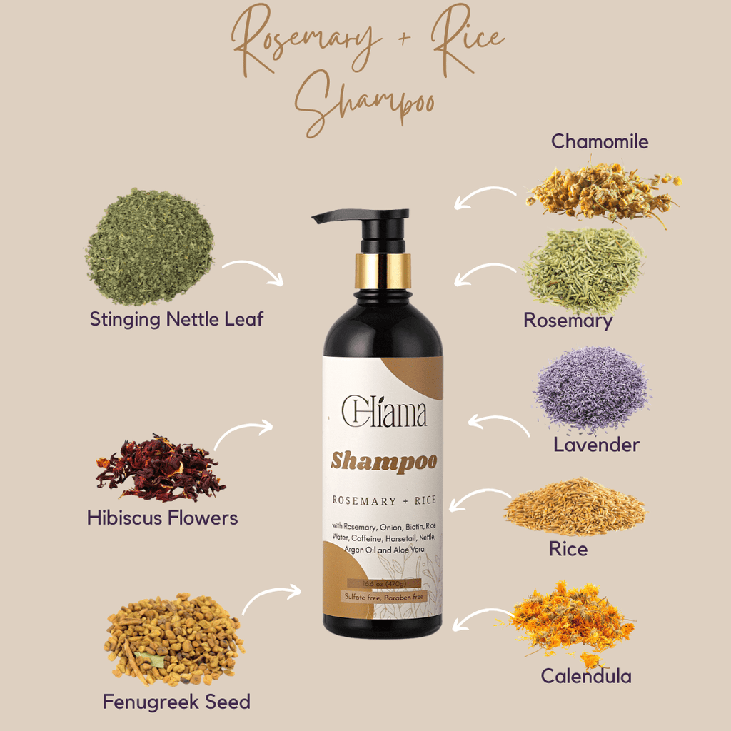 Chiama Rosemary + Rice Shampoo bottle surrounded by natural ingredients like chamomile, rosemary, lavender, rice, calendula, fenugreek seed, hibiscus flowers, stinging nettle leaf