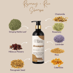 Chiama Rosemary + Rice Shampoo bottle surrounded by natural ingredients like chamomile, rosemary, lavender, rice, calendula, fenugreek seed, hibiscus flowers, stinging nettle leaf