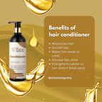 Chama Rosemary + Rice hair conditioner bottle with benefits list and golden oil splashes background