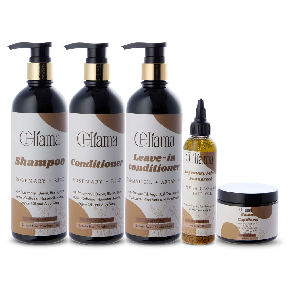 Eliama wash day hair care set with shampoo, conditioner, leave-in conditioner, hair oil, and strengthening balm
